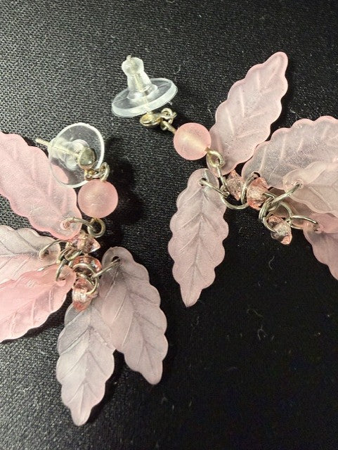 Back view of blush pink leaf cluster earrings showing stud back and silver-tone wire construction