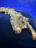 Vintage Articulated Panther Brooch Pin – Gold-Tone Pavé Rhinestone, Green Eyes, 5"