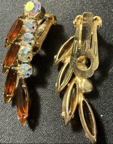 Vintage gold-tone amber and aurora borealis rhinestone clip-on earrings front and back
