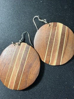 Back view of teak and oak inlay wood disc earrings showing wood grain detail