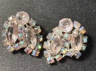 Vintage silver-tone pale pink and aurora borealis rhinestone clip-on earrings front view