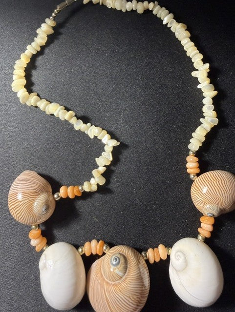 Vintage Turban & Moon Snail Shell Necklace — Spiny Oyster Bib, Peach Rondelles, Screw Clasp, 20"