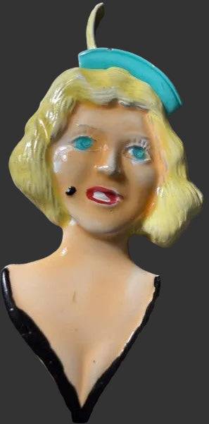 Vintage metal and enamel glamour girl figural brooch with blonde hair and teal hat