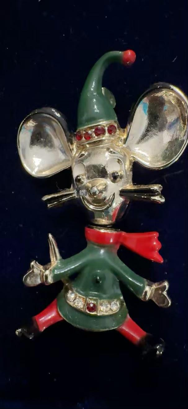 Vintage BJ Beatrix Christmas Elf Mouse Figural Brooch front